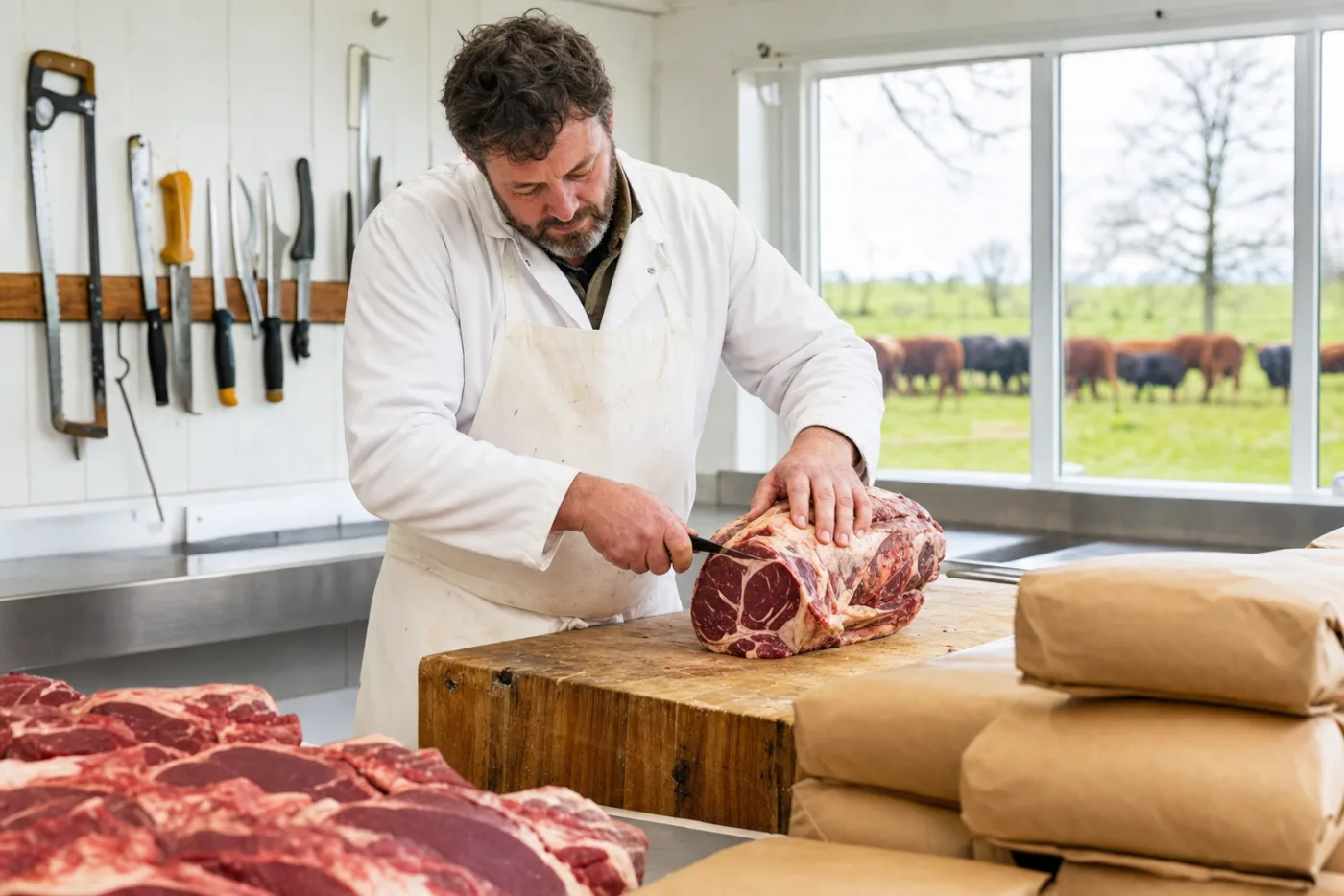 A butcher cutting beef at a wooden block in a farm cutting room