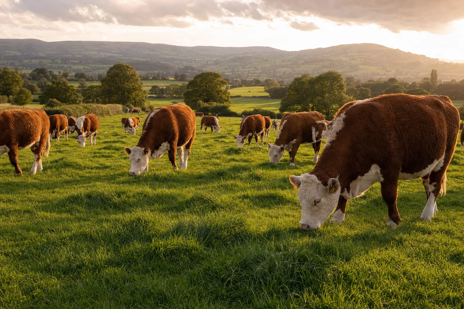 Hereford cattle grazing in a green Shropshire pasture at golden hour